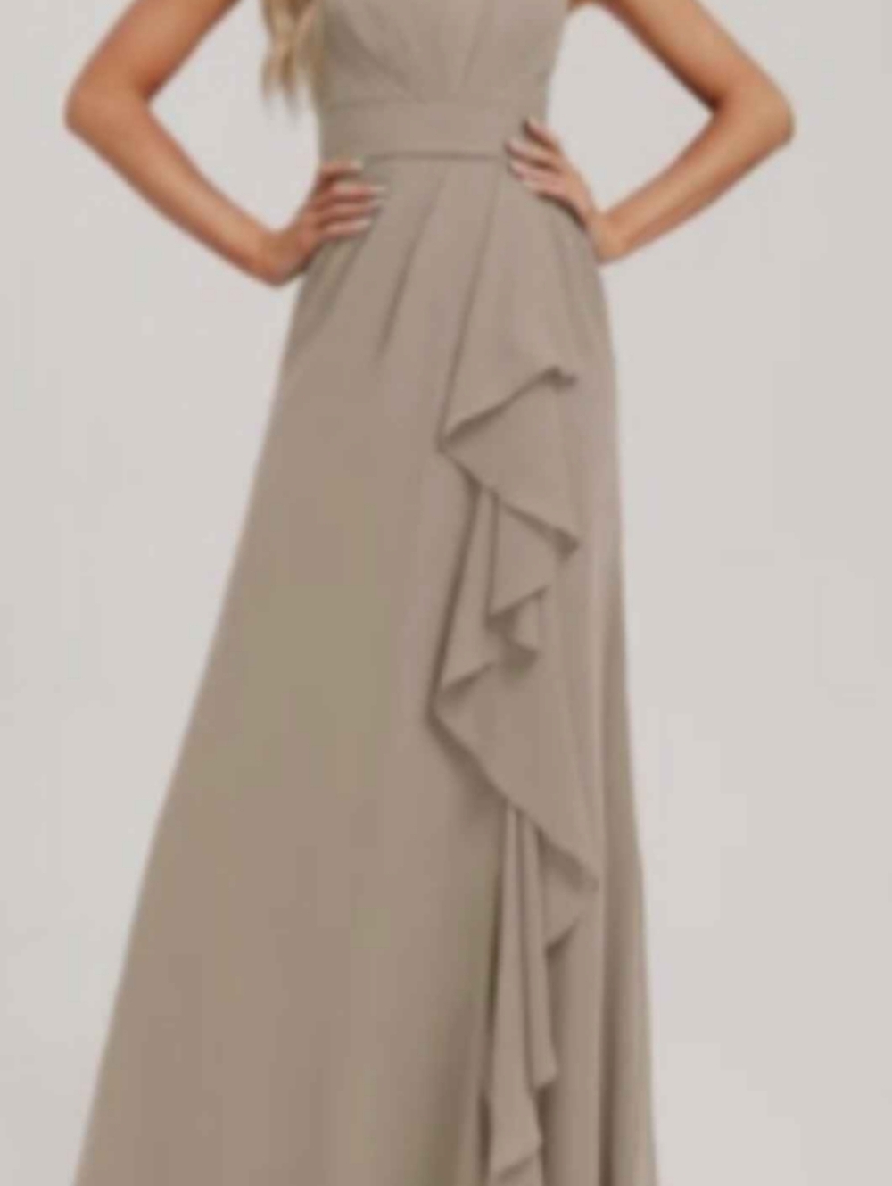 JJs House Taupe Sleeveless Ruffle-Front Maxi Dress